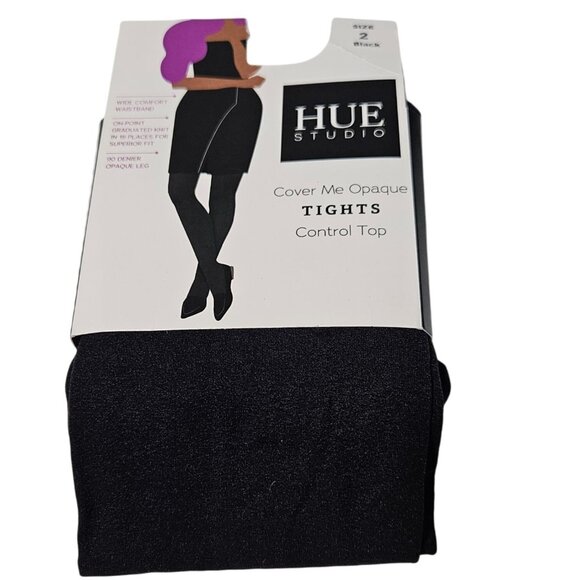 Hue Studio Cover Me Opaque Tights Control Top Size 2 Black Comfort Waistband - Picture 1 of 8